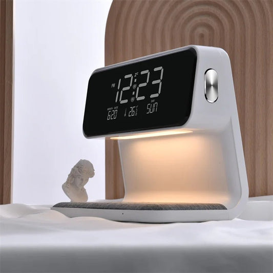 Creative 3-in-1 Bedside Lamp – Wireless Phone Charger & Smart Alarm with LCD Display for a Sleek, All-in-One Nightstand Upgrade!