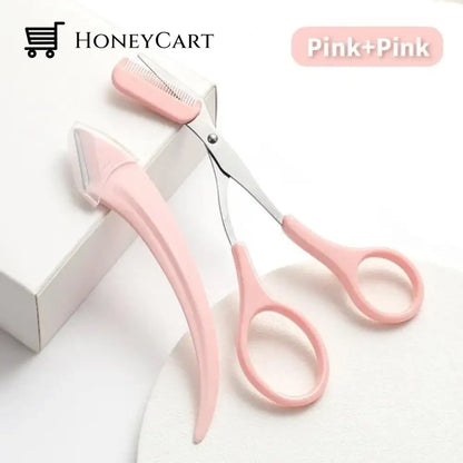 Crescent Eyebrow Trimmer Set Scissors With Comb Pink+Pink Eye