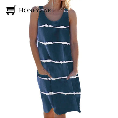 Crew Neck Striped Pocket Tank Dress Navy Blue / S Dresses