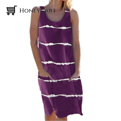 Crew Neck Striped Pocket Tank Dress Purple / S Dresses