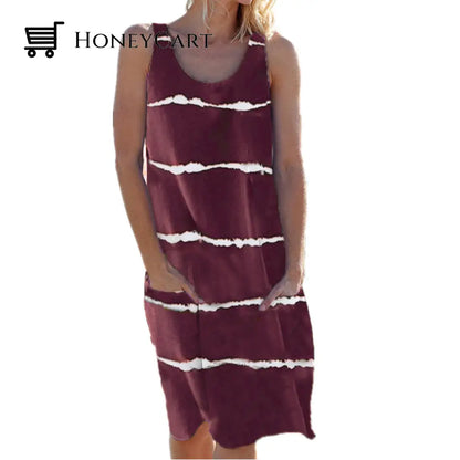 Crew Neck Striped Pocket Tank Dress Wine Red / S Dresses