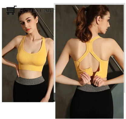 Criss-Cross Push Up Seamless Sports Bra High Impact Shockproof With Buckle For Yoga And Gym Yellow /