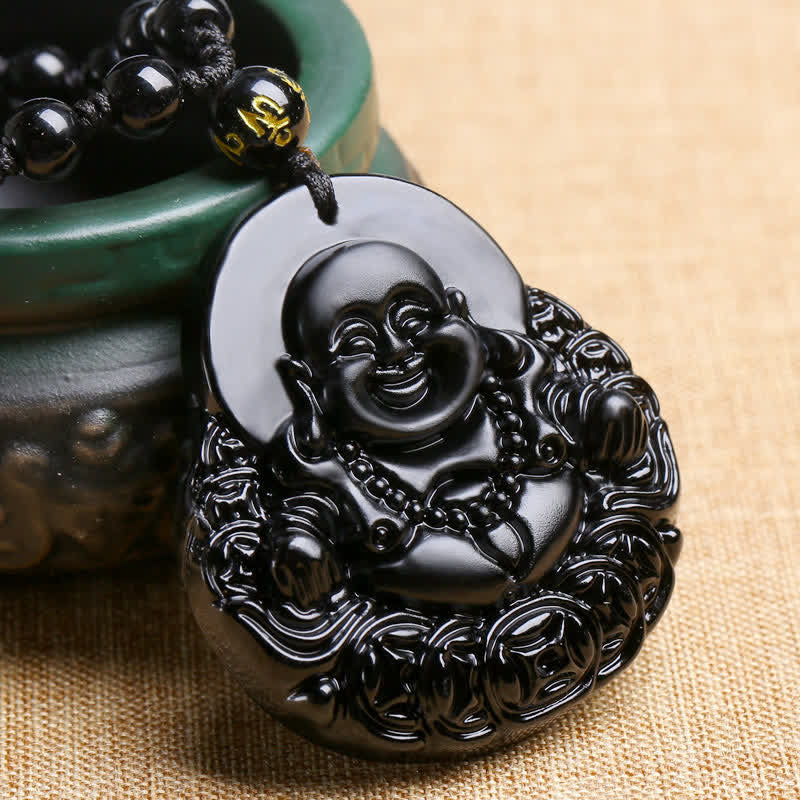 Laughing Buddha Black Obsidian Strength, Power & Protection Necklace