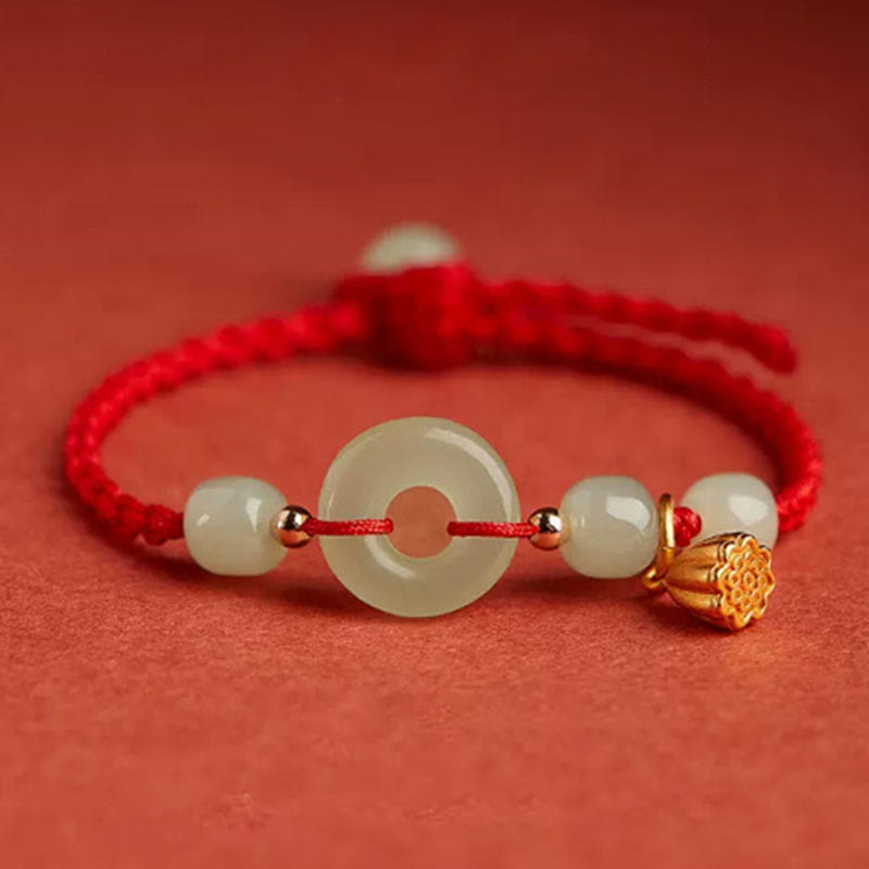 Round Peace Buckle Jade Lotus Happiness & Wealth String Bracelet