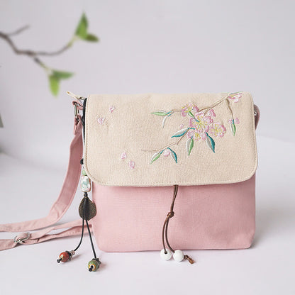 Handmade Embroidered Flowers Canvas Crossbody Bag