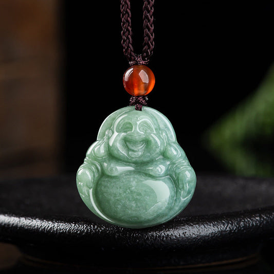 Laughing Buddha Cyan Jade Success Necklace String Pendant