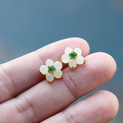 White Jade Flower Luck Stud Earrings