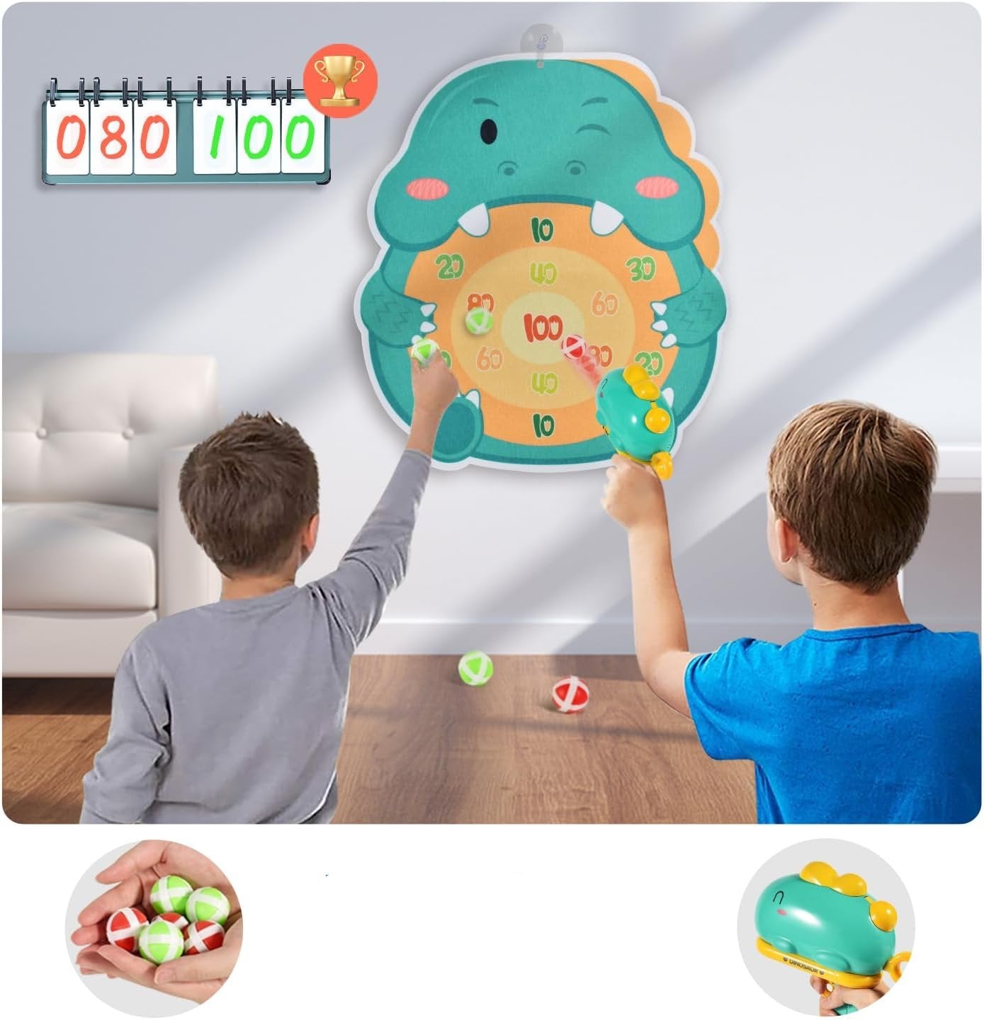 Dinosaur Sticky Ball Throwing Toy - Kids Dart Board Game with Dinosaur Shooter Toy