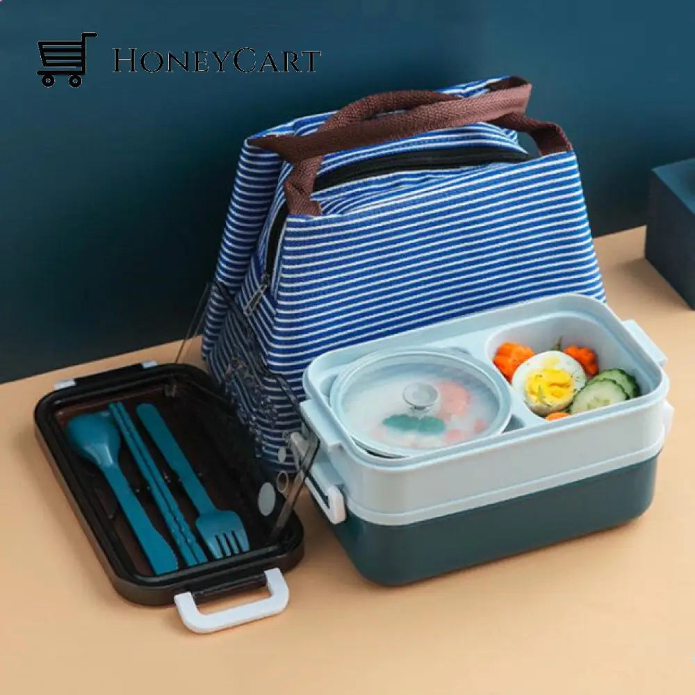 Double Layer Leak-Proof Soup Bowl Lunch Box Blue With Bag Kitchen Tools & Utensils