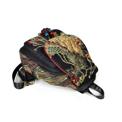 Peacock Embroidery Canvas Tassel Backpack