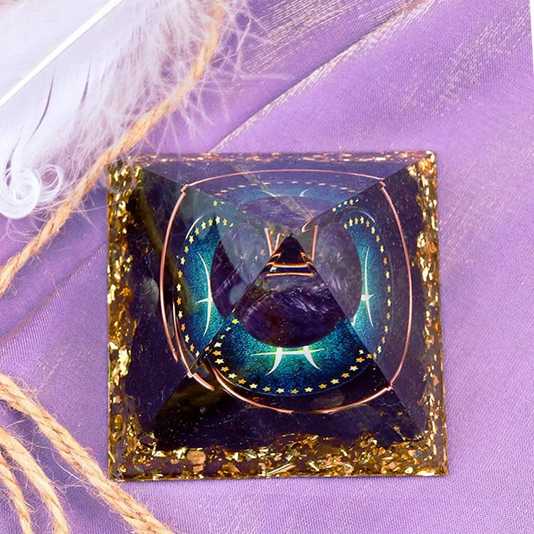 Pisces Amethyst Sphere With Obsidian Zodiac Orgone Pyramid