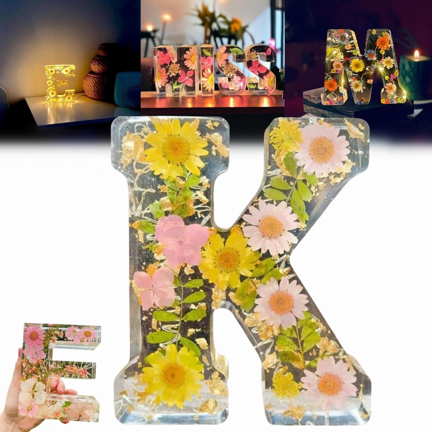 Resin Dried Flower Printed Letters LED Night Light