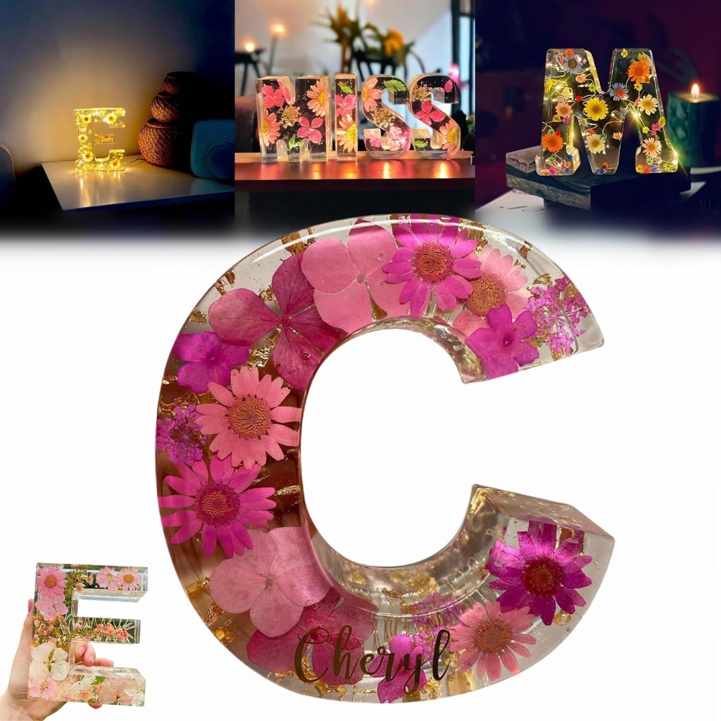 Resin Dried Flower Printed Letters LED Night Light