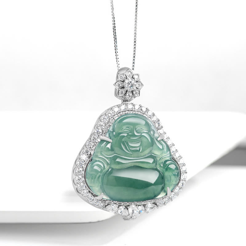 925 Sterling Silver Laughing Buddha Natural Jade Luck Abundance Necklace