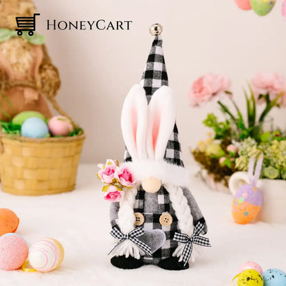 Easter Bell Bunny Ear Hat Gnome Doll With Carrot Black And White Plaid Female Rabbit