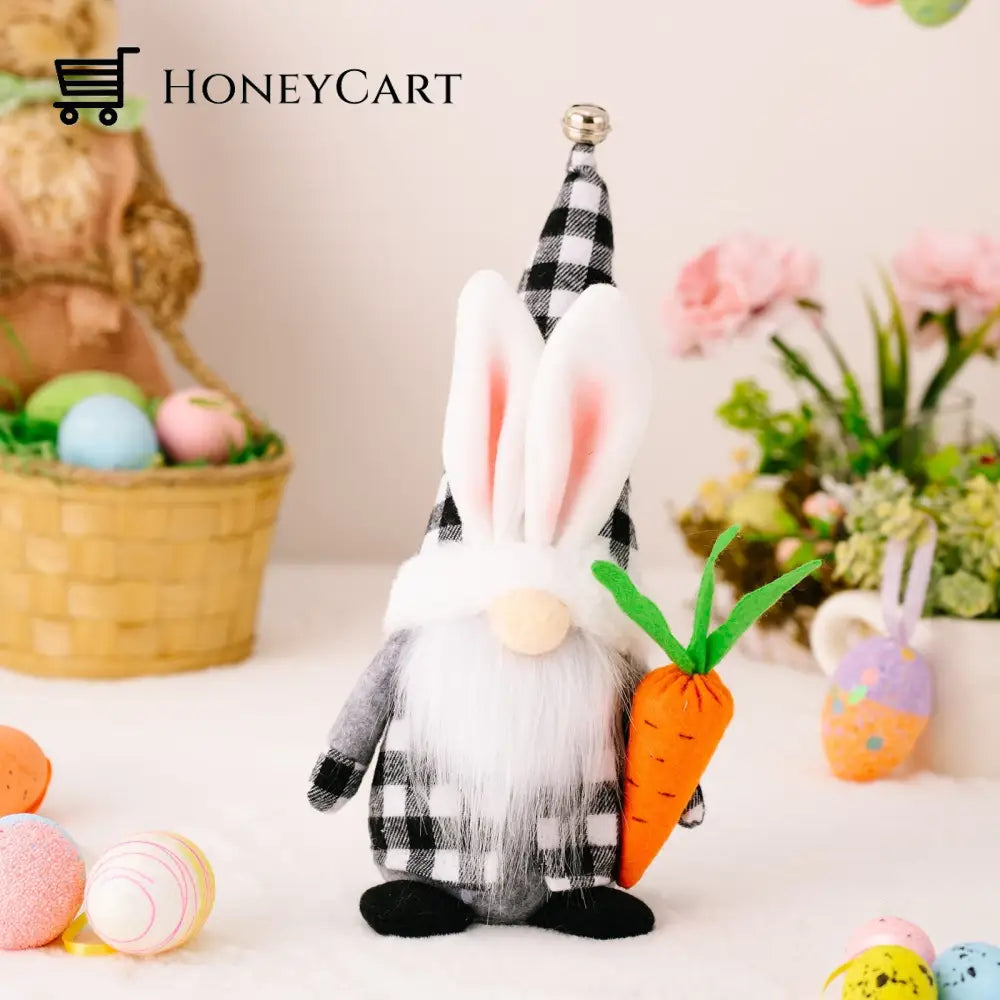 Easter Bell Bunny Ear Hat Gnome Doll With Carrot Black And White Plaid Male Rabbit