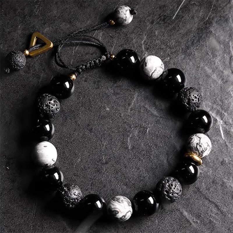 Black Obsidian Lava Rock Stone Yin Yang Strength Bracelet