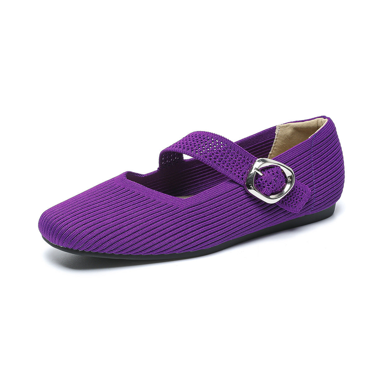 Breathable women's Mary Jane knit flats – square toe, buckle strap, lightweight everyday shoe