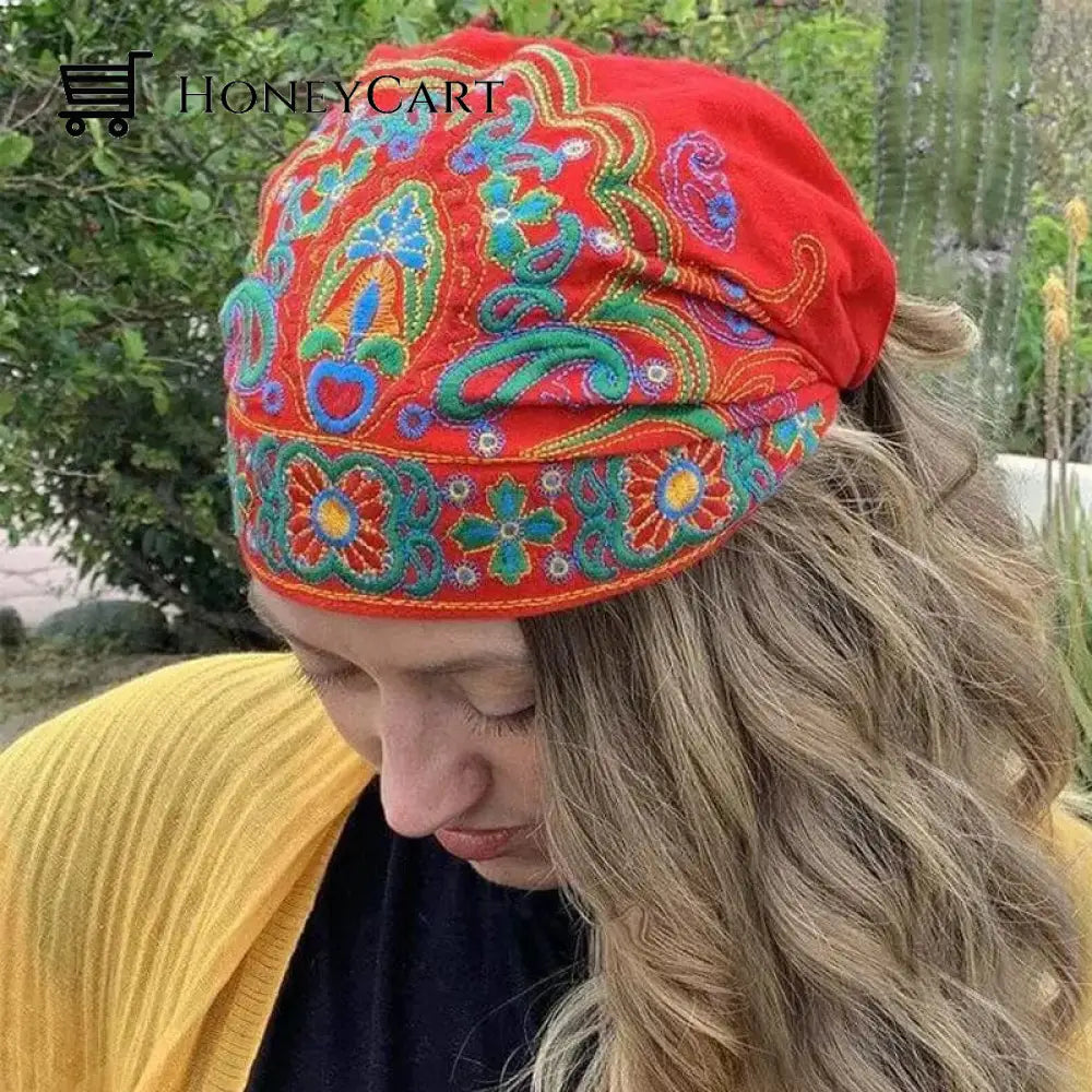 Embroidered Bandana Caps Red
