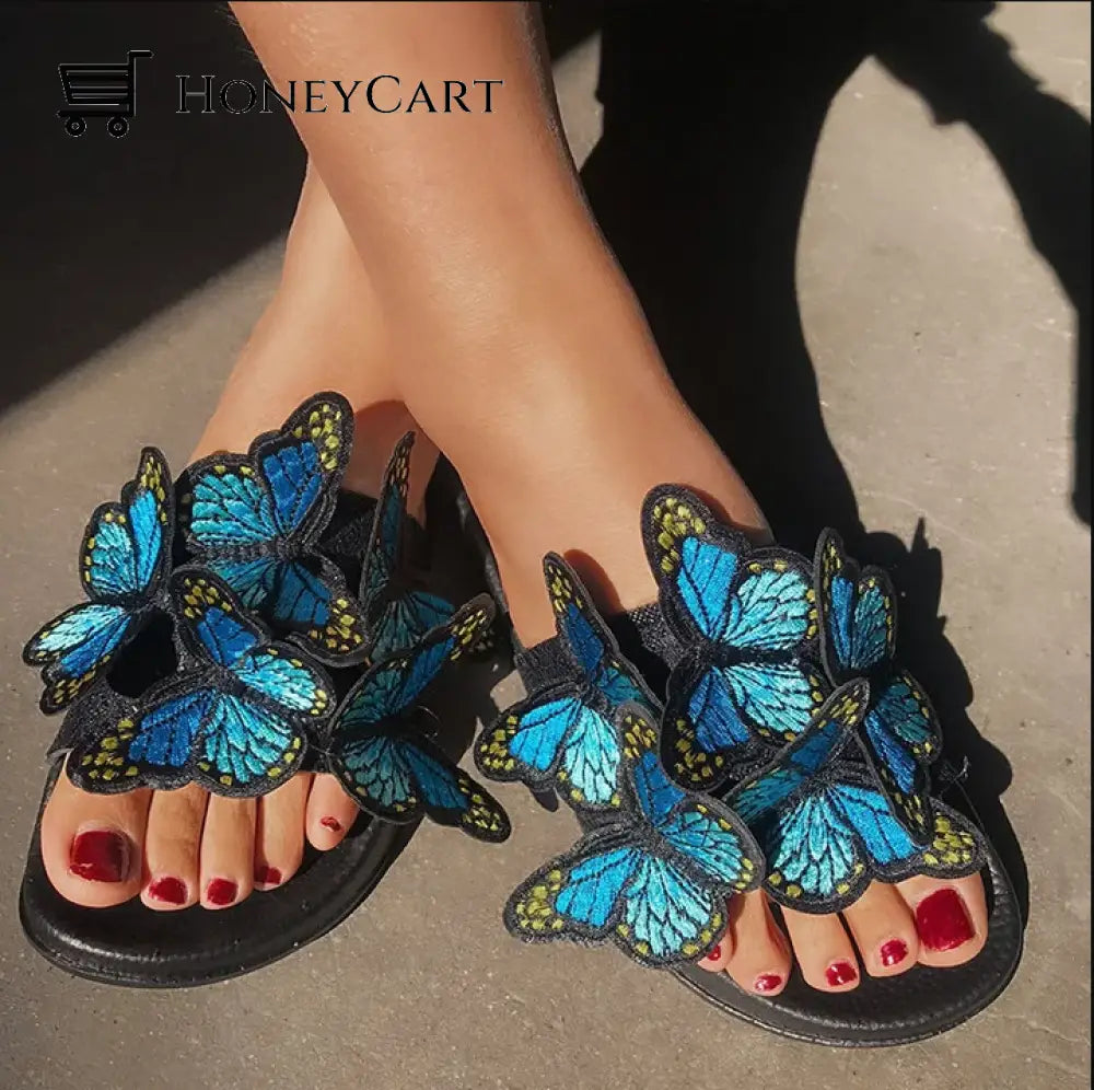 Embroidered Butterfly Open Toe Bohemian Sandals Blue Morpho Butterfly / 36 Tool