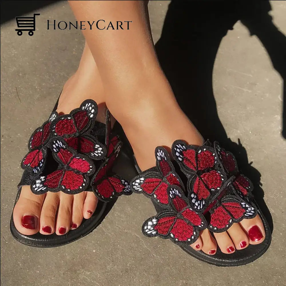 Embroidered Butterfly Open Toe Bohemian Sandals Red Butterfly / 36 Tool