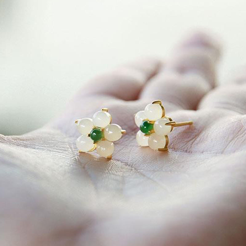 White Jade Flower Luck Stud Earrings