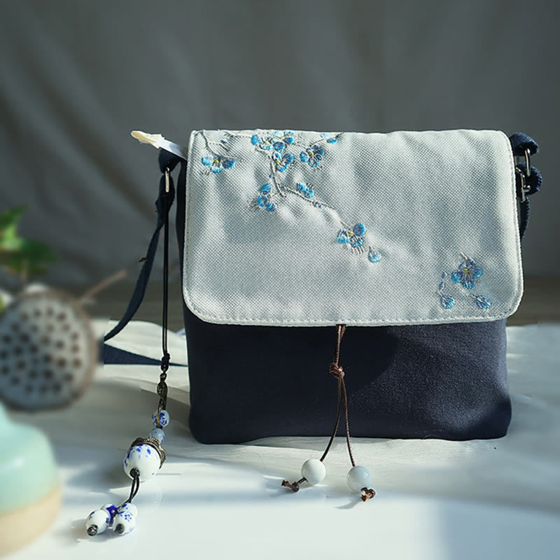 Handmade Embroidered Flowers Canvas Crossbody Bag