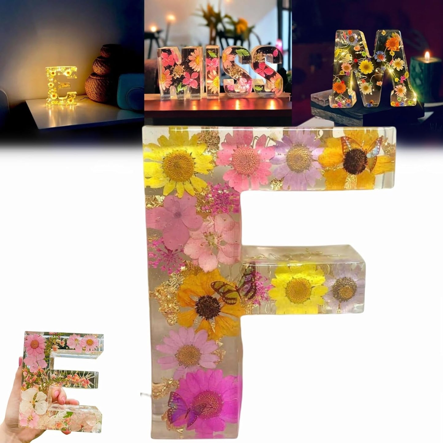 Resin Dried Flower Printed Letters LED Night Light