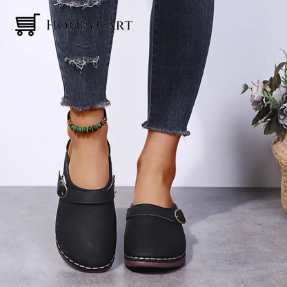 Fashion Retro Backless Leather Loafers Wedges Sandals For Women 4.5 / Black