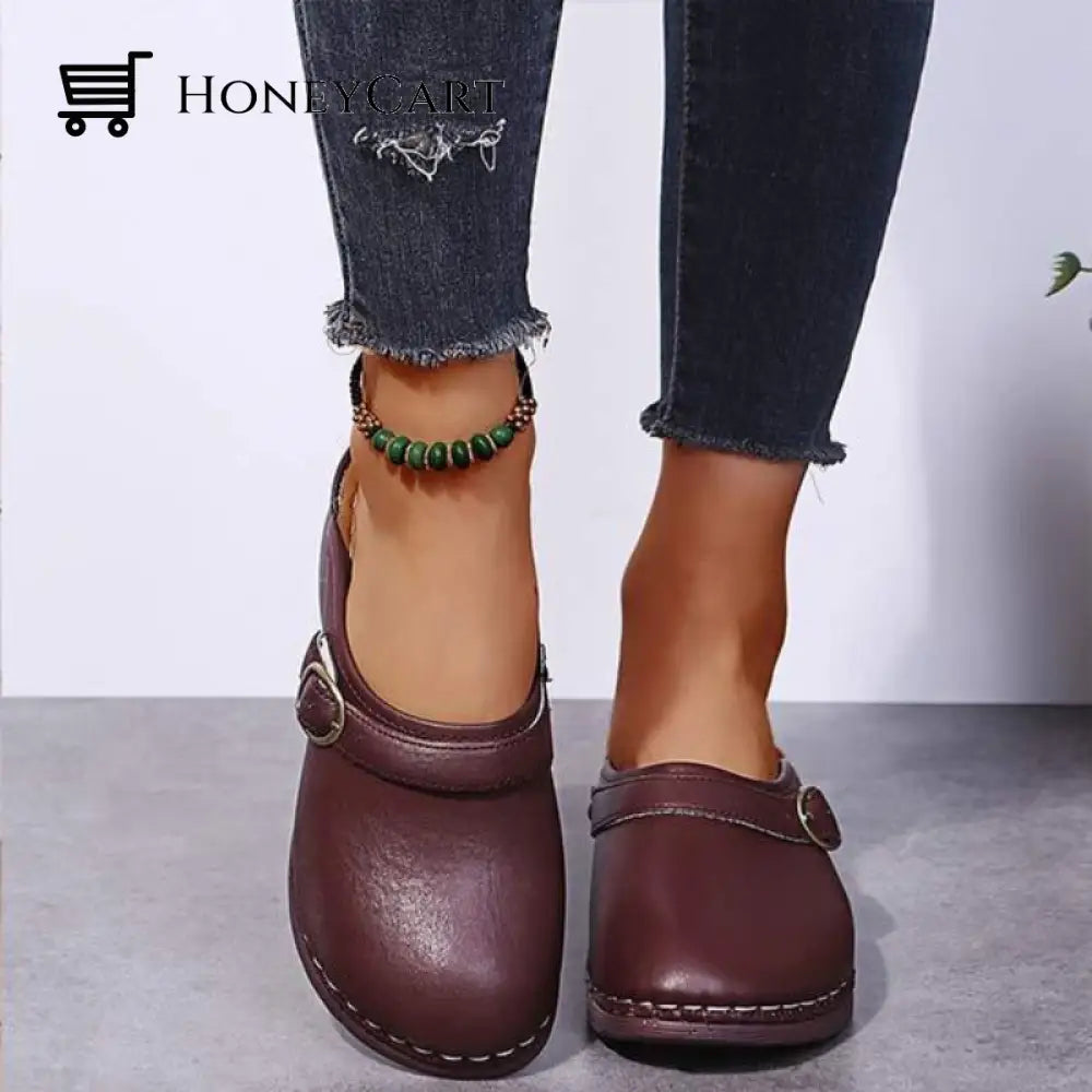 Fashion Retro Backless Leather Loafers Wedges Sandals For Women 4.5 / Burgundy
