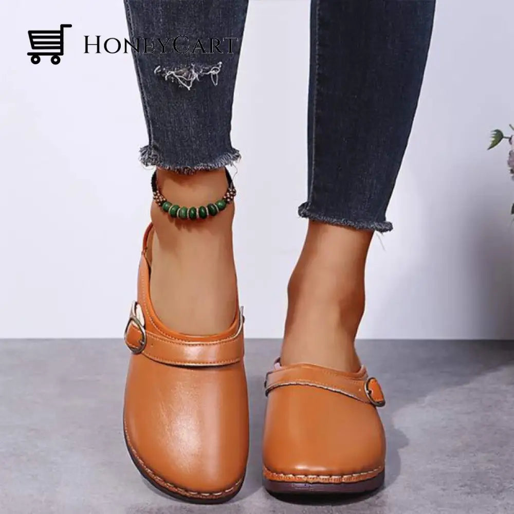 Fashion Retro Backless Leather Loafers Wedges Sandals For Women 4.5 / Khaki