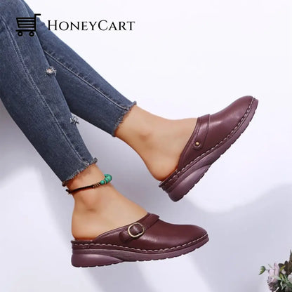 Fashion Retro Backless Leather Loafers Wedges Sandals For Women