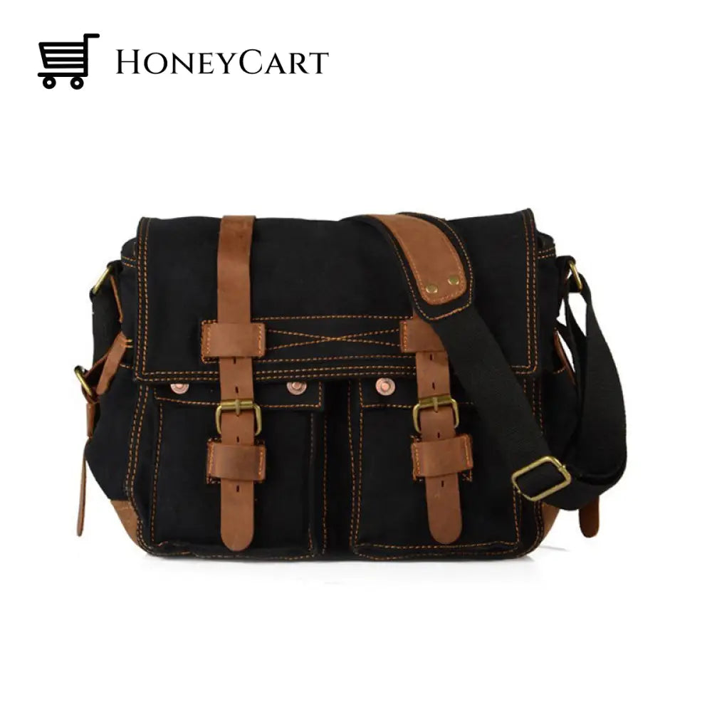 Fashion Vintage Leather Canvas Mens Messenger Bag Black