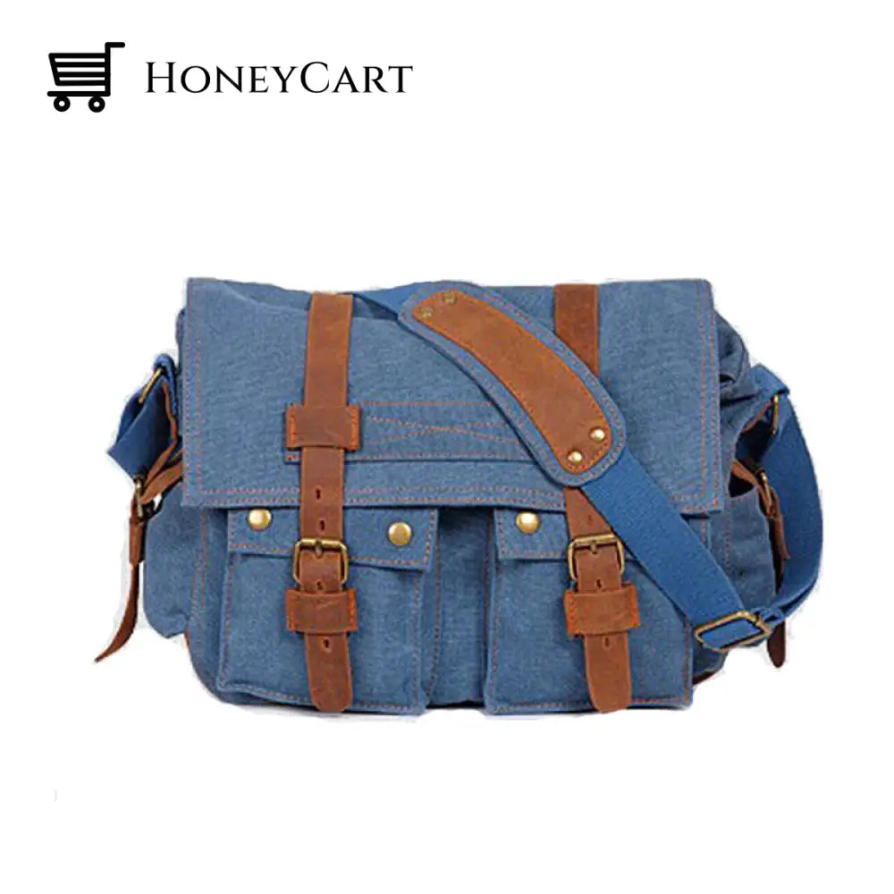 Fashion Vintage Leather Canvas Mens Messenger Bag Blue