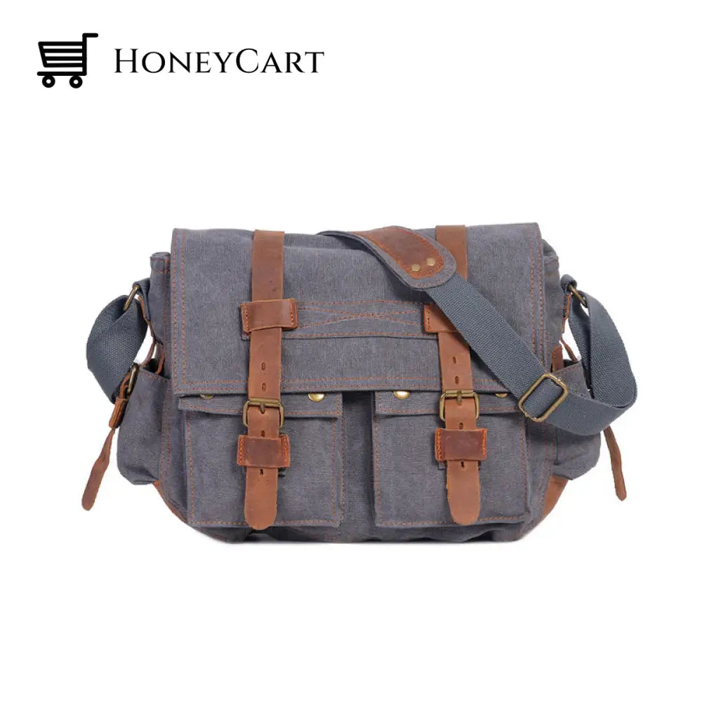 Fashion Vintage Leather Canvas Mens Messenger Bag Gray