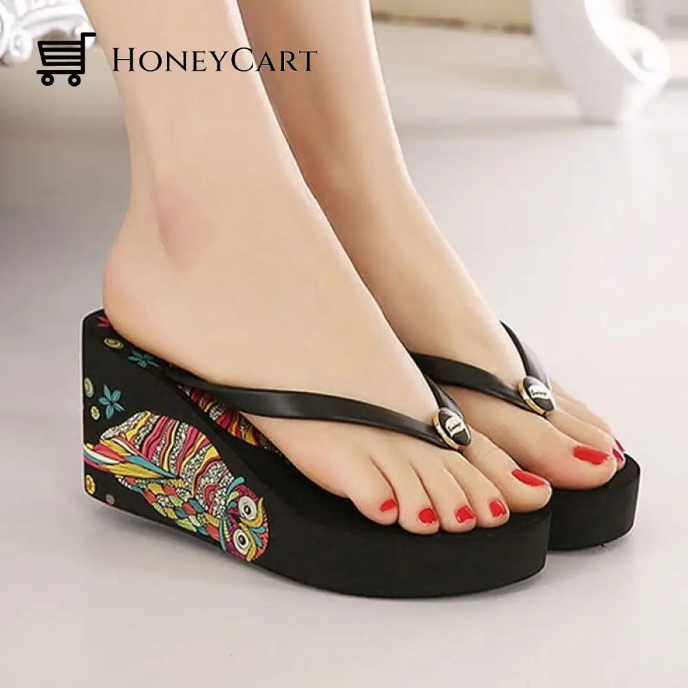 Fashion Wedge Heel Ladies Slippers Black / 35