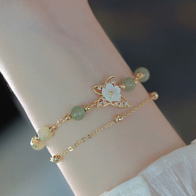 14K Gold Plated Jade Butterfly Tridacna Stone Flower Double Layer Luck Bracelet