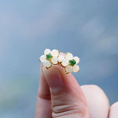 White Jade Flower Luck Stud Earrings