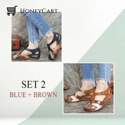 Fleekcomfy Premium Leather Retro Sandals Arch Support Comfy Round Toe 5 / Set 2 (Blue + Brown)
