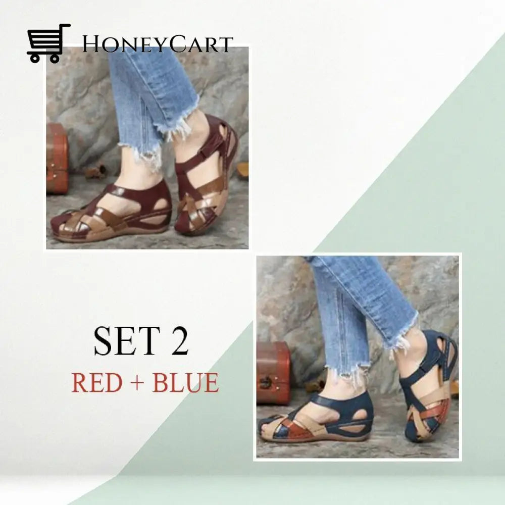 Fleekcomfy Premium Leather Retro Sandals Arch Support Comfy Round Toe 5 / Set 2 (Blue + Red)