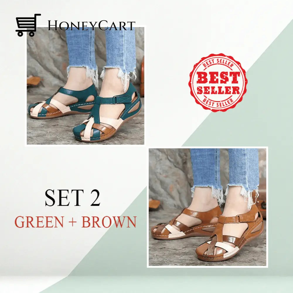 Fleekcomfy Premium Leather Retro Sandals Arch Support Comfy Round Toe 5 / Set 2 (Brown + Green)