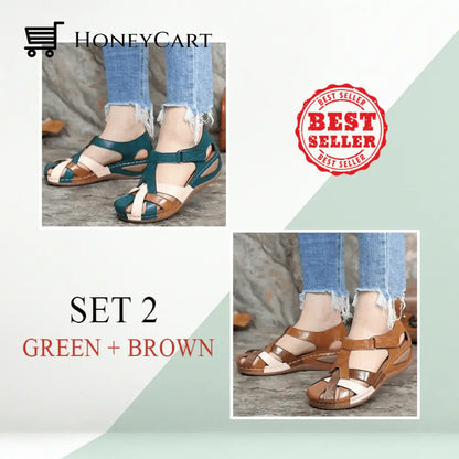 Fleekcomfy Premium Leather Retro Sandals Arch Support Comfy Round Toe 5 / Set 2 (Brown + Green)