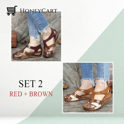 Fleekcomfy Premium Leather Retro Sandals Arch Support Comfy Round Toe 5 / Set 2 (Red + Brown)