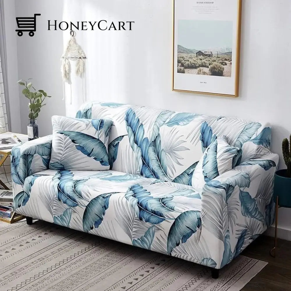 Full-Wrapped Universal Stretch Sofa Cover Blue Leaf / 1 Seater(35-55 Inch)