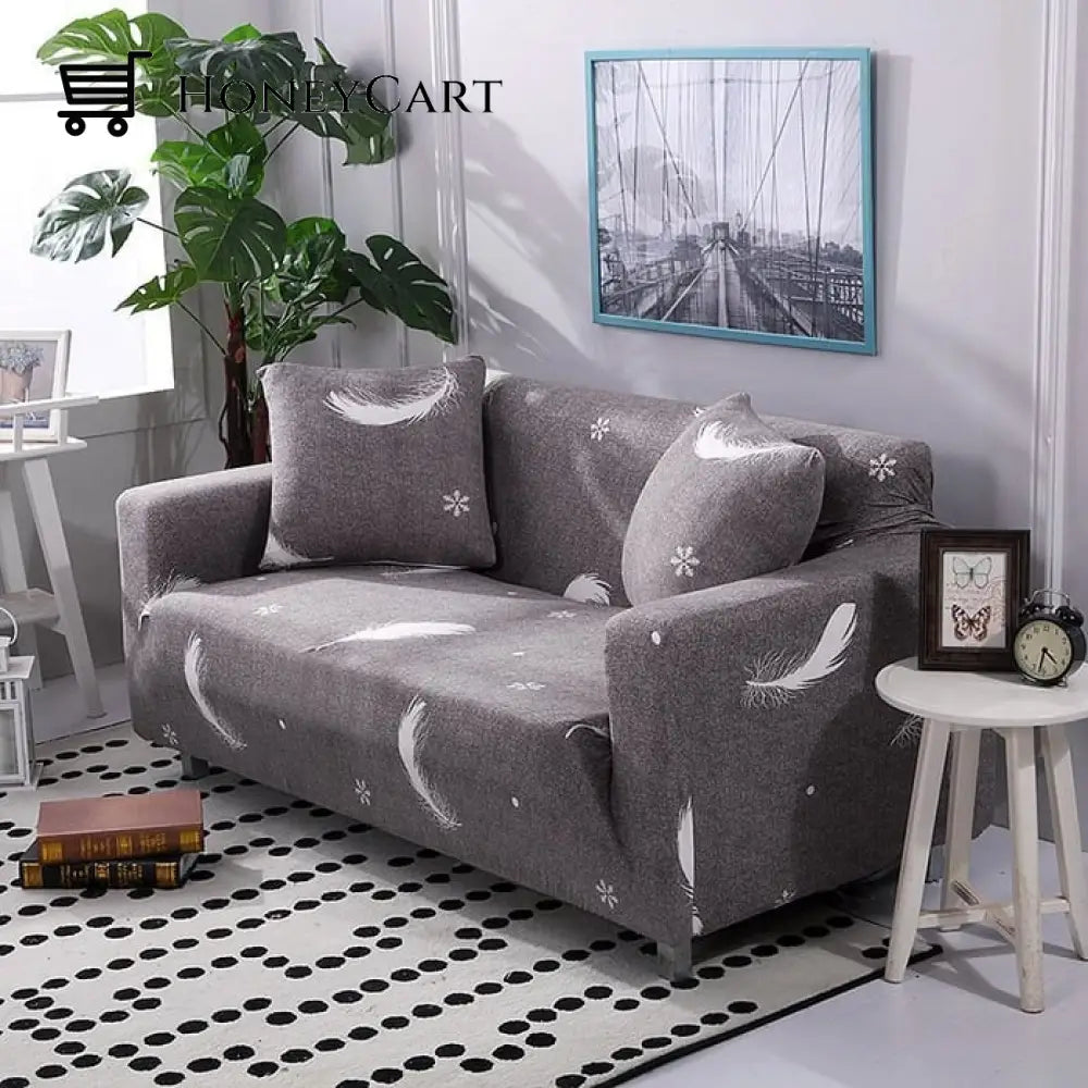Full-Wrapped Universal Stretch Sofa Cover Grey Feathers / 1 Seater(35-55 Inch)