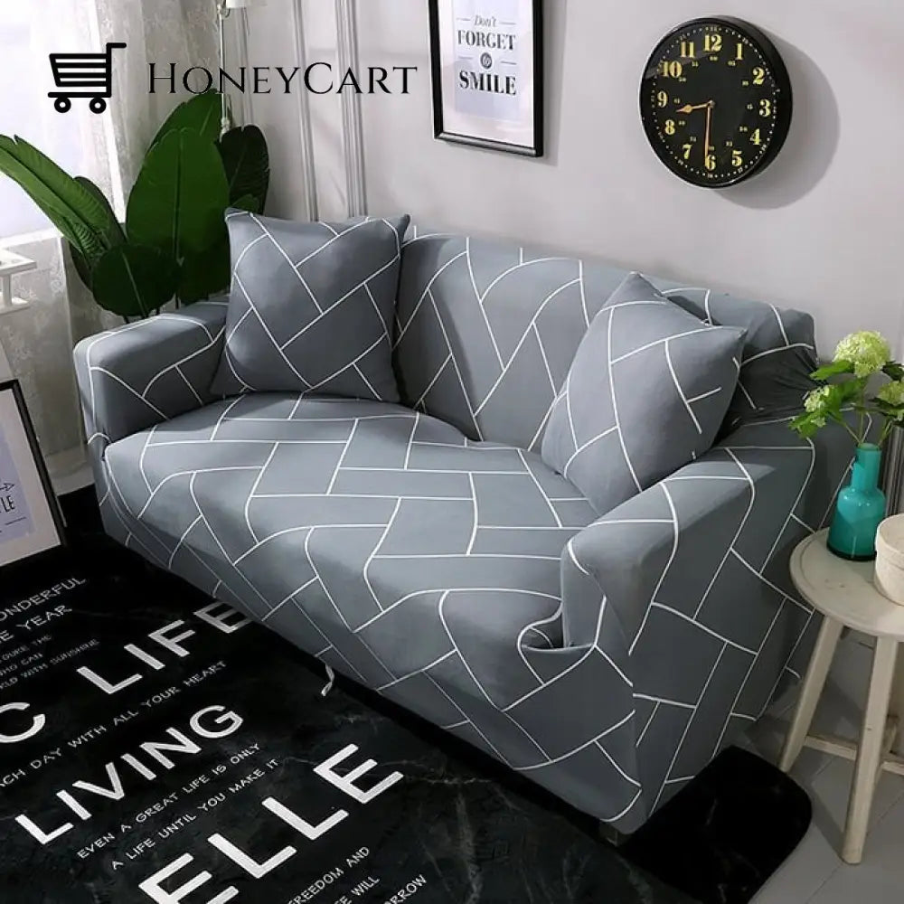 Full-Wrapped Universal Stretch Sofa Cover Grey Line / 1 Seater(35-55 Inch)