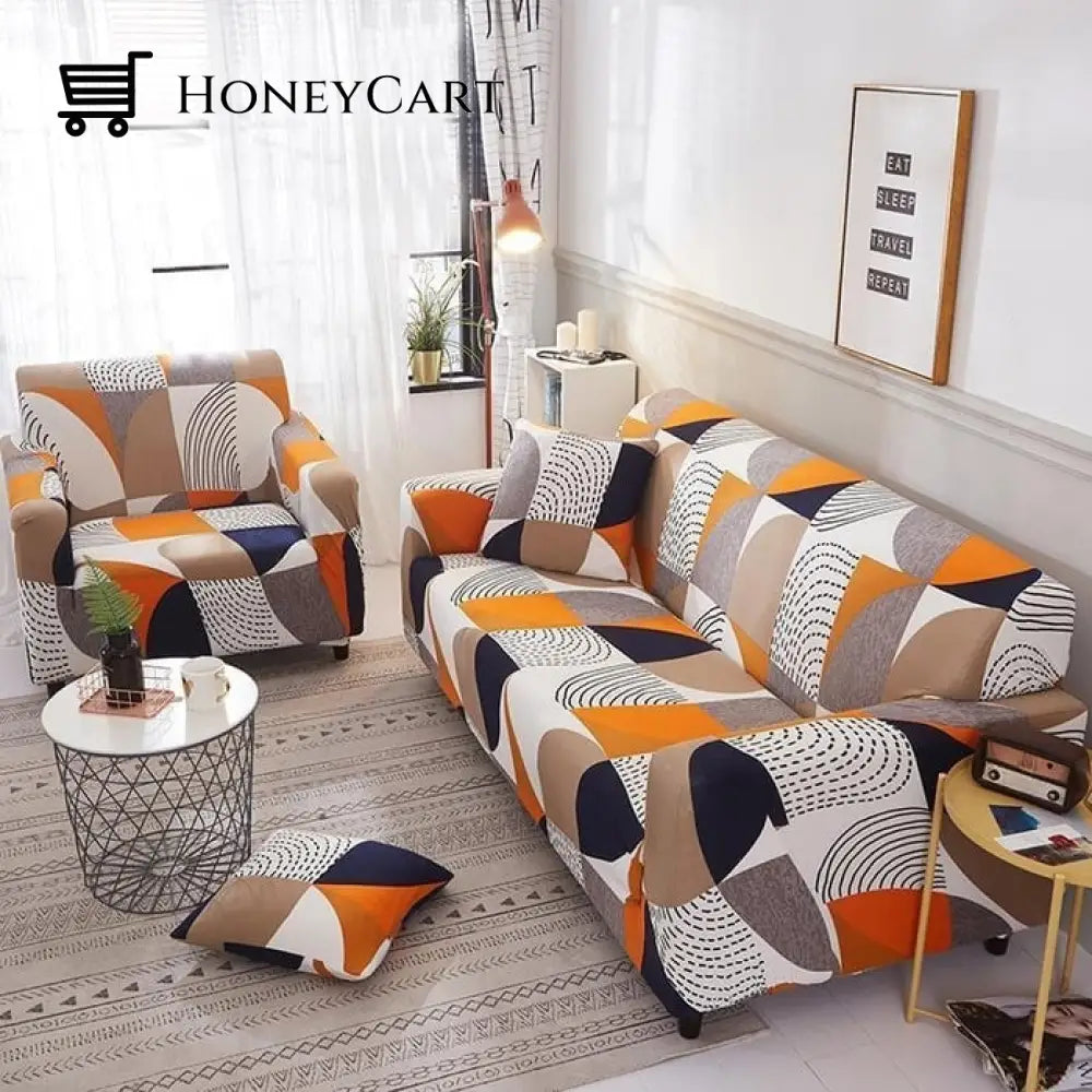 Full-Wrapped Universal Stretch Sofa Cover Orange Pattern / 1 Seater(35-55 Inch)