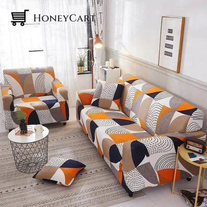 Full-Wrapped Universal Stretch Sofa Cover Orange Pattern / 1 Seater(35-55 Inch)