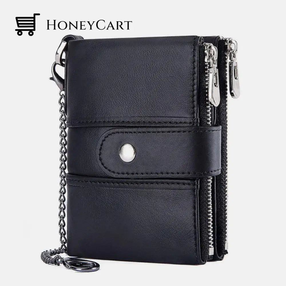 Genuine Leather Anti-Theft Retro Wallet With Chain Black