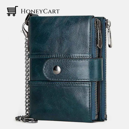 Genuine Leather Anti-Theft Retro Wallet With Chain Blue